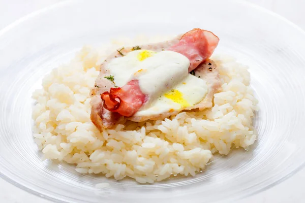 Poultry Meat Baked Ham Cheese Served Rice — Stock Photo, Image