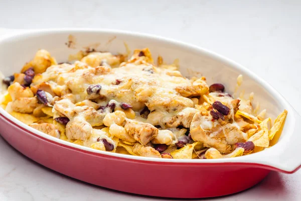 Nachos Chicken Meat Red Beans Cheese — Stock Photo, Image