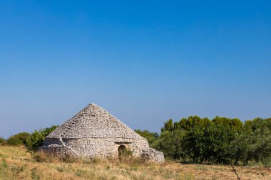 Trulli, İtalya 'nın Apulia bölgesindeki Castel del Monte yakınlarında tipik evler.