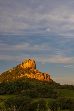 Üzüm bağı olan Solutre Kayası, Burgundy, Solutre-Pouilly, Fransa