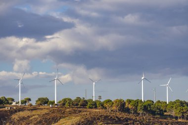 İtalya, Reggio di Calabria yakınlarında sabah güneşiyle aydınlanan rüzgar santrali