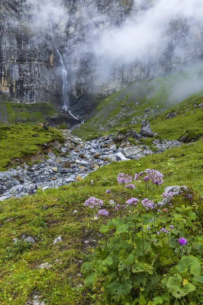 滝と典型的な高山の風景 スイスアルプス近くKlausenstrasse スピリンゲン ウリのカントン スイス — ストック写真