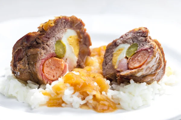 Beef Roulade Filled Egg Sausage Bacon Prickle Served Rice — Stock Photo, Image