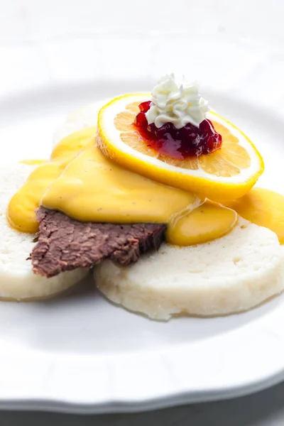 Sirloin Cream Sauce Dumplings Served Lemon Cranberries Whipped Cream — Stock Photo, Image