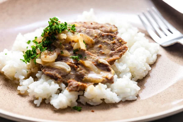 Carne Porco Com Molho Cebola Arroz — Fotografia de Stock