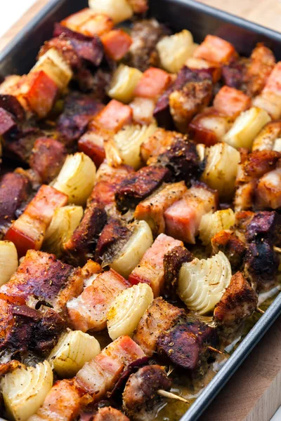 Skewers Poultry Meat Bacon Onion — Stock Photo, Image