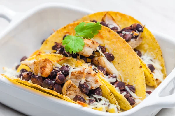 Tacos Filled Grilled Chicken Meat Red Beans Grated Cheese — Stock Photo, Image