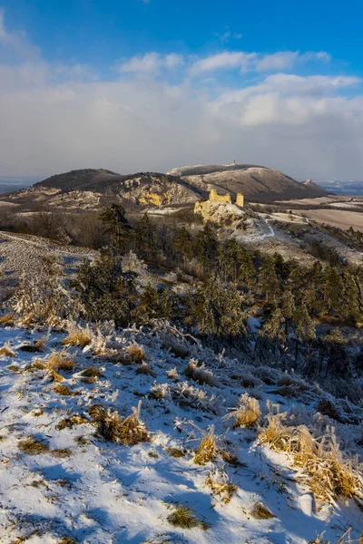 Zimowy Krajobraz Palawy Ruinami Sirotci Hradek Morawy Południowe Czechy — Zdjęcie stockowe