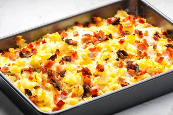 Baked Pasta Smoked Meat Eggs — Stock Photo, Image