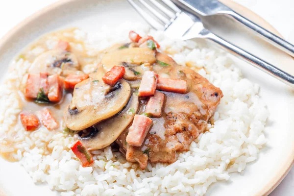 Pork Fillet Mushroom Sauce Ham Served White Rice — Stock Photo, Image