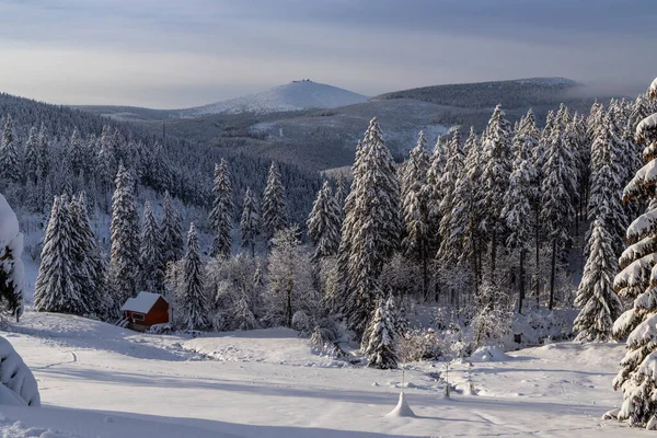 Paisagem Inverno Com Colina Snezka Montanhas Gigantes Krkonose Boêmia Oriental — Fotografia de Stock