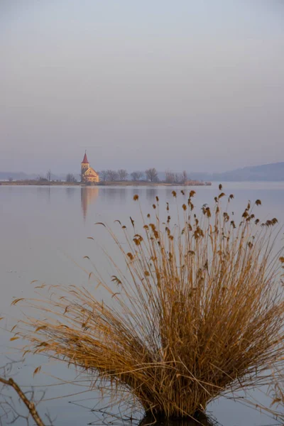 Musov Gölü Ile Linhart Kilisesi Musov Güney Bohemya Çek Cumhuriyeti — Stok fotoğraf