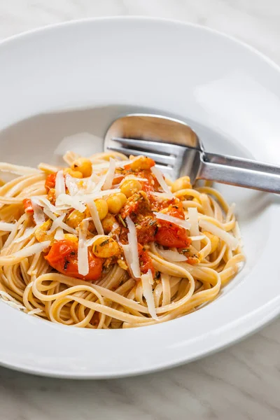 Pasta Tagliatelle Tomato Sauce Chickpeas — Stock Photo, Image