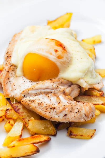 Meat Baked Peach Cheese Served French Fries — Stock Photo, Image