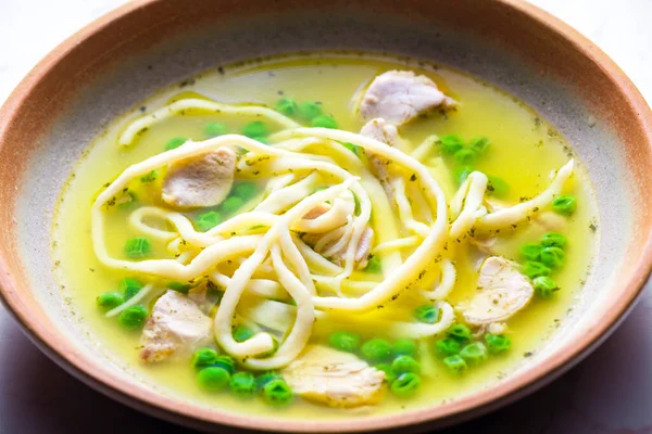 Chicken Broth Green Peas Noodles — Stock Photo, Image