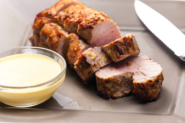 Roasted Pork Loin Mustard Sauce — Stock Photo, Image