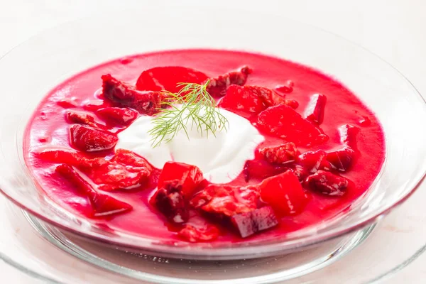 Red Beet Soup Wit Sour Cream — Stock Photo, Image