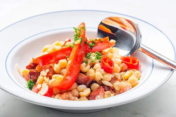 Mixture Yellow Peas Bacon Served Red Pepper Chilli — Stock Photo, Image