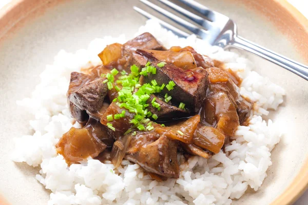 Chinees Rundvlees Met Sojasaus Geserveerd Met Rijst — Stockfoto