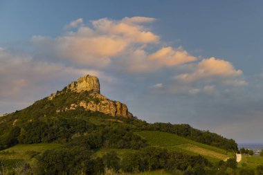 Üzüm bağı olan Solutre Kayası, Burgundy, Solutre-Pouilly, Fransa