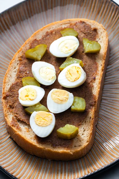 Cracklings Spread Pickled Cucumber Boiled Egg Slice Bread — Stock Photo, Image
