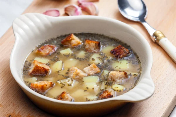 Garlic Soup Toasted Bread Potatoes — Stockfoto