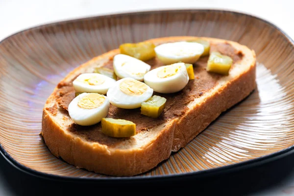 Cracklings Spread Pickled Cucumber Boiled Egg Slice Bread — Stockfoto