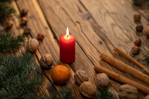Traditional Czech Christmas Wood Decoration Twig Candle Apple Orange Fruit — Stock Photo, Image