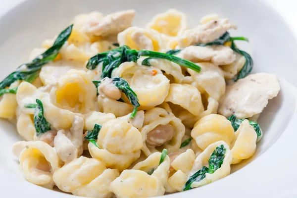 Pasta Med Kycklingkött Spenat Och Kikärter — Stockfoto