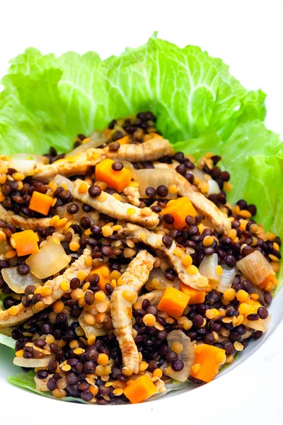 lentil salad with poultry meat and vegetables