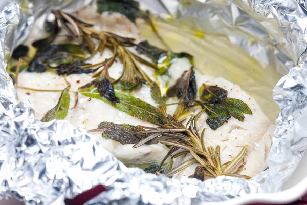 White Fish Fillet Baked Herbs — Stock Photo, Image