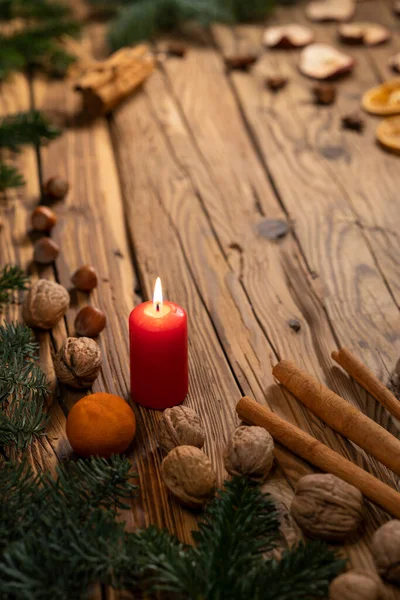 Traditional Czech Christmas Wood Decoration Twig Candle Apple Orange Fruit — Stock Photo, Image