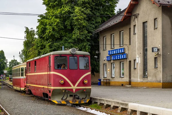 狭窄轨距铁路Tremesna Slezsku至Osoblaha 有60年历史的机车 — 图库照片