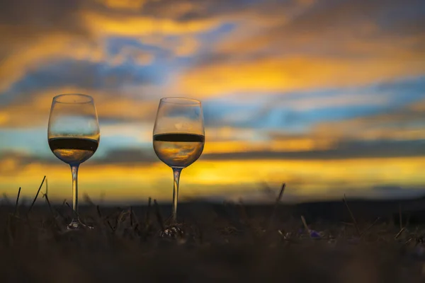 Glas Wein Mit Sonnenuntergang Spätsommer — Stockfoto