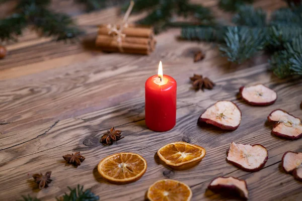 Traditional Czech Christmas Wood Decoration Twig Candle Apple Orange Fruit — Stock Photo, Image