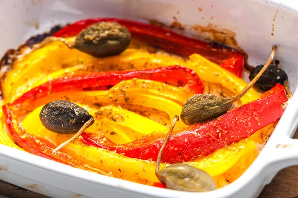 Baked Red Yelllow Peppers Capers — Stock Photo, Image
