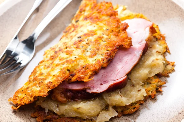 Potato Cakes Smoked Meat Sour Cabbage — Stock Photo, Image