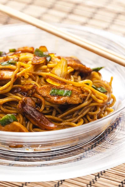 Fried Noodles Chicken Meat Soya Sauce — Stock Photo, Image