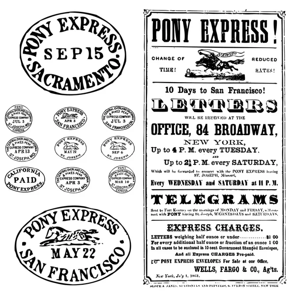 Vektor Cliparts Pony Express Briefmarken und Poster — Stockvektor
