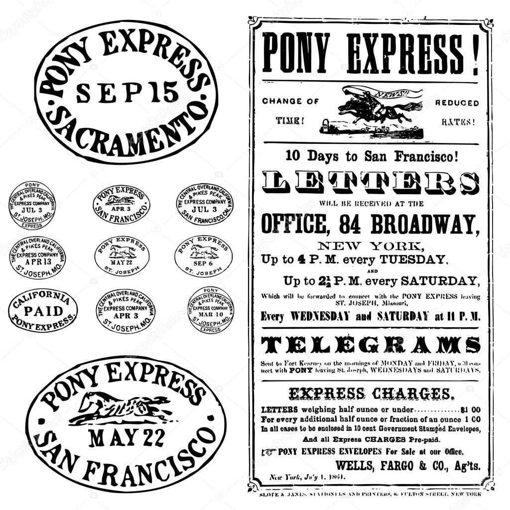 Vector Clipart Pony Express Stamps and Poster Stock Vector Image by