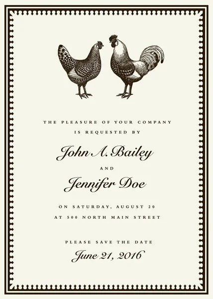 Vector Gallo y gallina de la boda Invitar plantilla — Vector de stock