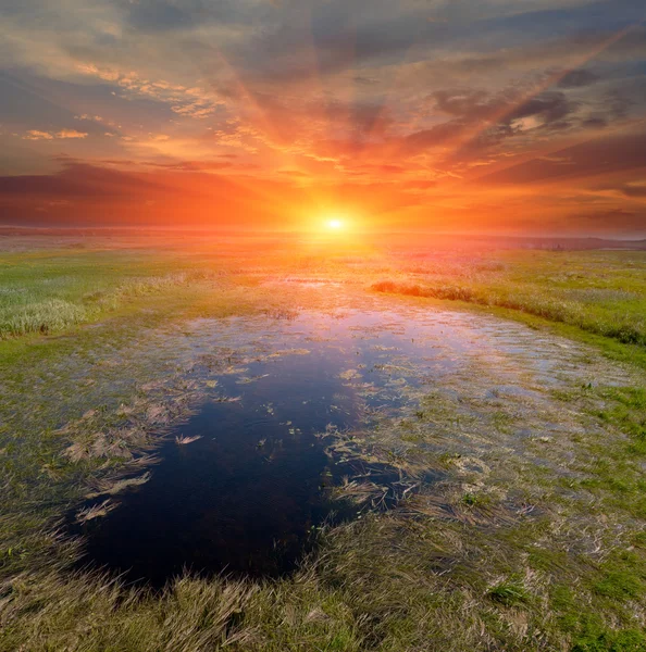 Захід сонця на невеликому озері — стокове фото
