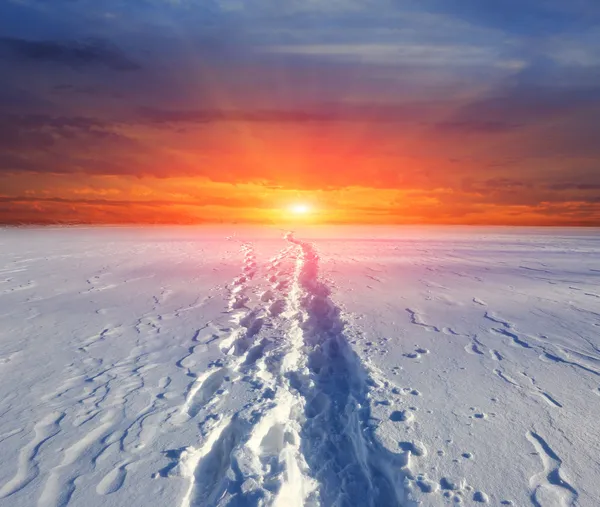 Trilha na neve no fundo do pôr do sol — Fotografia de Stock