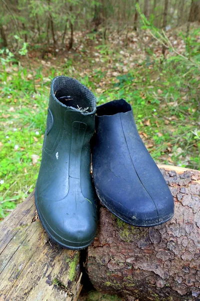 Velhas botas de chiclete perdidas em madeira log — Fotografia de Stock