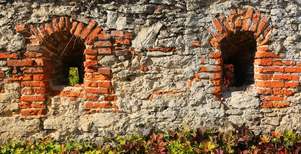 Muratura Pietra Muro Epoca Con Feritoie Nella Vecchia Fortezza — Foto Stock