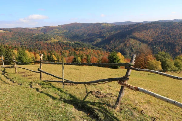 Пейзаж Деревянным Забором Осенью Карпаты Украине — стоковое фото