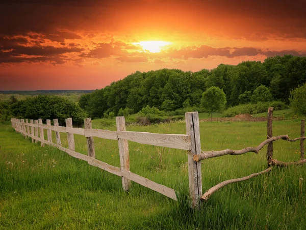 Landscape Wooden Fence Green Meadow Sunset Sky Background — Stock Photo, Image