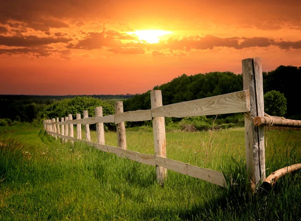 Wooden Fence Grass Meadow Sunset Sky — Stock fotografie