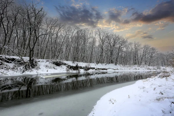 Soir Hiver Paysage Sur Rivière Forêt — Photo