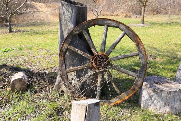 Oud Houten Wiel Van Een Kar Een Lentetuin Een Dorp — Stockfoto